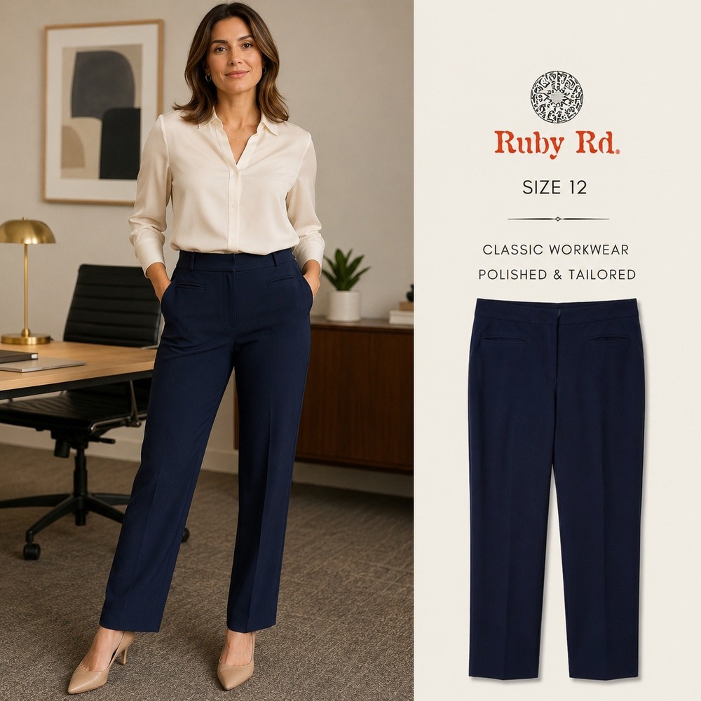 Ruby Rd Dress Pants Womens 12 Navy Blue Straight Leg Career Office Classic Work